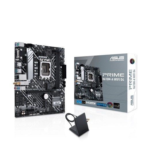 Asus PRIME-H610M-A-WIFI-D4, mATX, Intel LGA 1700, 2xDDR4, 2xM.2+4xSATA 6Gb/s, 2xPCle, 1xHDMI, 1xDP, 1xD-Sub, GbE LAN, Wireless AC+Bluetooth, 2xUSB3.0, 4xUSB2.0, Aura Sync, 3 Year Warranty
