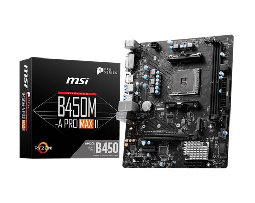 MSI B450M-A-PRO-MAX II, B450, 2x DDR4, 1x PCI-E 3.0 x16, 4x SATA3, Turbo M.2, 4x USB 3.2, DVI-D, HDMI, Micro ATX, 2.5Gb LAN, 3 Year Warranty