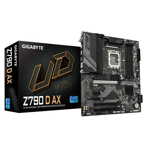 Gigabyte Z790 D AX, ATX, Intel LGA 1700, 4x DDR5 RAM, 3xM.2, 6xSATA, RAID, 2x PCI-E, GbE LAN, Wireless AX+Bluetooth, 6xUSB 3.2, 2xUSB-C, 2x USB 2.0, 3 Year Warranty
