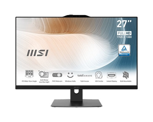 MSI MODERN AM272P 12M-1051AU, AIO, 27", FHD Screen, Intel i7-1255U/D4, 16GB DDR5 RAM, 1TB NVMe SSD, Webcam, Keyboard+Mouse, Wireless AX+Bluetooth, Windows11 Pro, Black, 3 Year Onsite Warranty