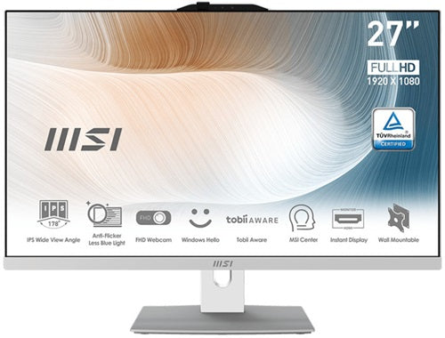 MSI MODERN AM272P 12M-1049AU, AIO, 27", FHD Screen, Intel i7-1255U/D4, 16GB DDR5 RAM, 1TB NVMe SSD, Webcam, Keyboard+Mouse, Wireless AX+Bluetooth, Windows11 Home, White, 3 Year Warranty