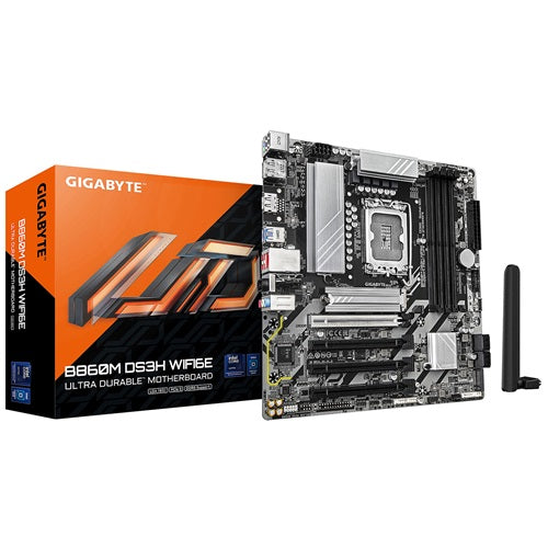 Gigabyte GA-B860M-DS3H-WIFI6E 1.0, Micro ATX, Intel LGA 1851, 4xDDR5, 2xM.2, 4xSata 6Gbps, Raid, 4xPCIe, 1xHDMI, 2xDP, Wireless AX+Bluetooth, 3xUSB3.2, 3xUSB2.0, 3 Year Warranty
