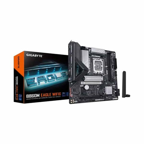 Gigabyte GA-B860M-EAGLE-WIFI6 1.0, Micro ATX, Intel LGA 1851, 2xDDR5, 2xM.2, 4xSATA 6Gb/s, Raid, 2xPCIe, 1xHDMI, 1xDP, GbE LAN, Wireless AX+Bluetooth, 3xUSB3.2, 3xUSB2.0, 3 Year Warranty
