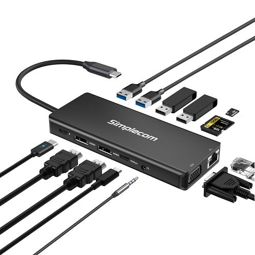 Simplecom CHN613, USB-C 13-in-1 Multiport Docking Station, 100W, 2xHDMI, 1xVGA, 1xRJ-45, 2xUSB-C, 4xUSB-A, 1xSD Slot, 1xMicroSD Slot, 1 Year Warranty