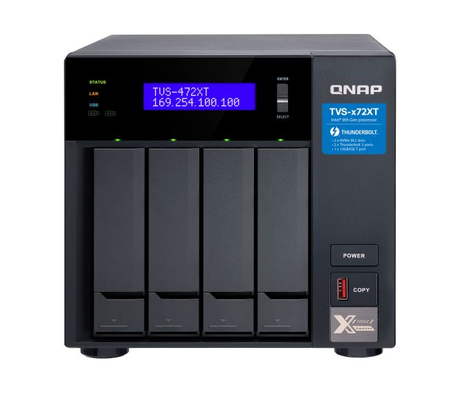 Qnap Tvs 472 Xt Pt 4 G 4 Bay Nas Intel® Pentium G5400 T 2 Core 3.1 G Hz 4 Gb Ddr4 Hot Swappable 2 X Pc Ie 2x Gb E 1x10 Gbase T 2x Thunderbolt 1x Usb3.2 2 Yrs Wty