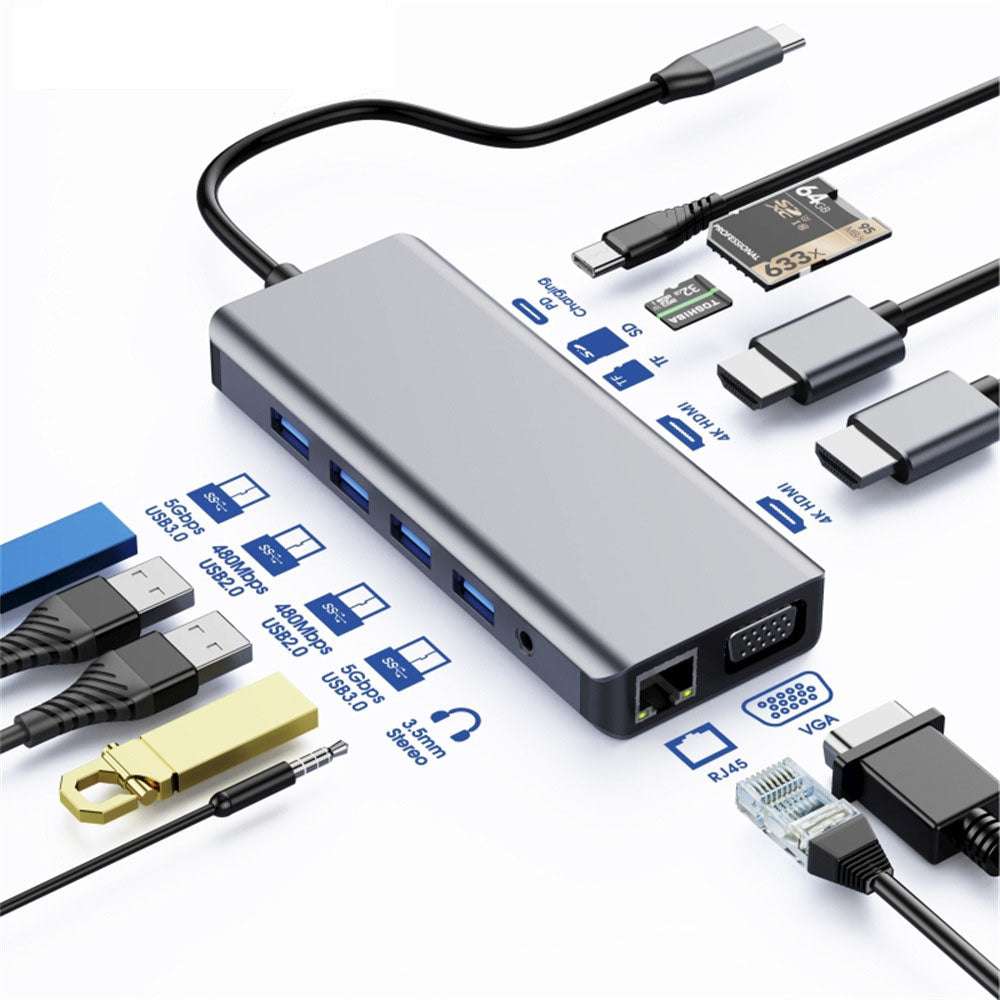 Astrotek Usb C Dock 12 In 1 Multiport Hub/Docking Station With 100 W Power 2x Hdmi 4 K Vga Glan 2x Usb3.0 2x Usb2.0 Card Reader For Hp Lenovo Asus Mac Book