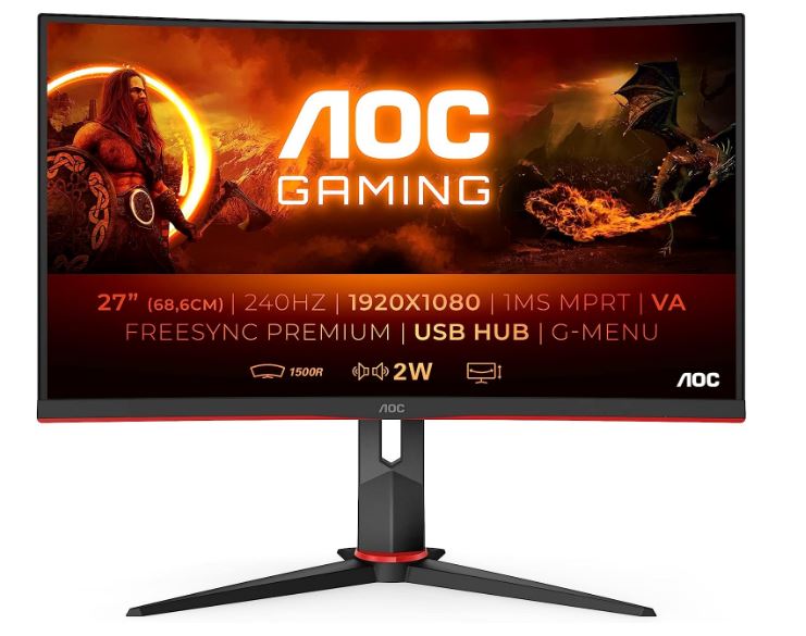 Aoc 27' Curved 0.5ms 240 Hz Fhd 1920 X 1080, 1500 R, Free Sync, Hdr Mode, Ultra Narrow Border Gaming Monitor W/Has Dp/Hdmi, Vesa100 (Ls)
