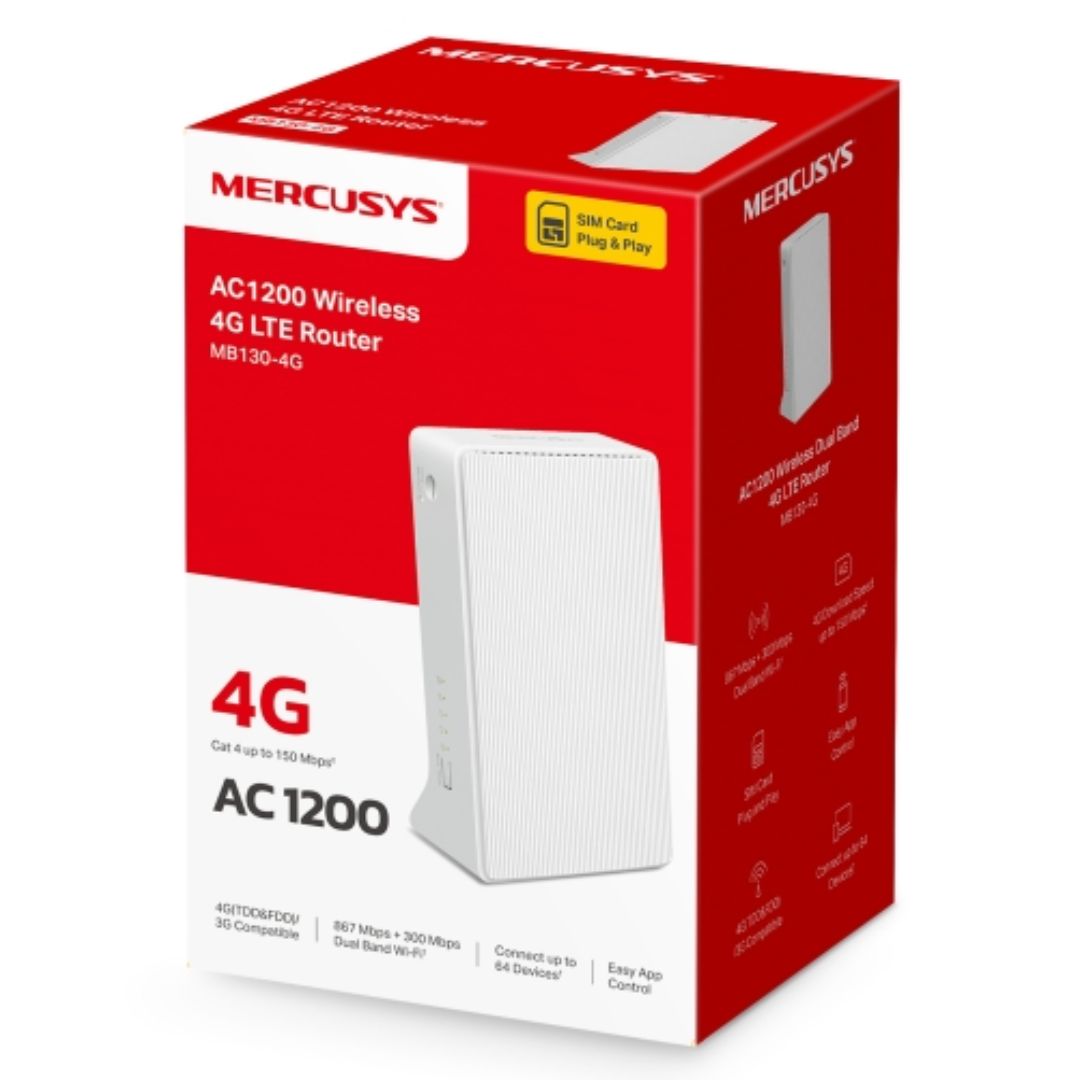 Mercusys Mb130 4 G Ac1200 Wireless Dual Band 4 G Lte Router, Up To 150 Mbps, Dual Band 1200 Mbps Wi Fi
