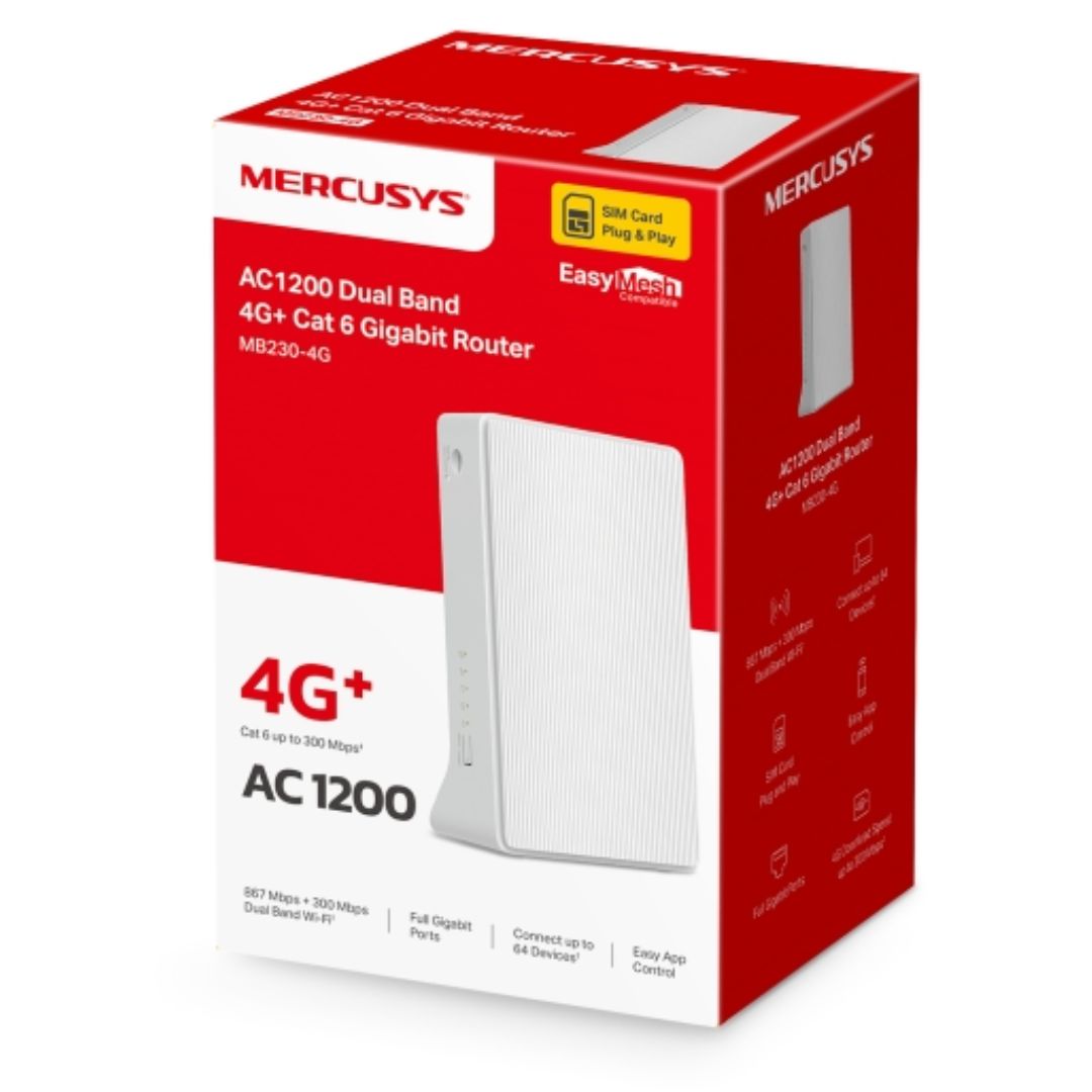 Mercusys Mb230 4 G Ac1200 Wi Fi 4 G Lte Router, Build In 150 Mbps 4 G Lte Modem, 300 Mbps At 2.4 G Hz, 867 Mbps At 5 G Hz, 4 G Cat4 150/50 Mbps,Nano Sim Car