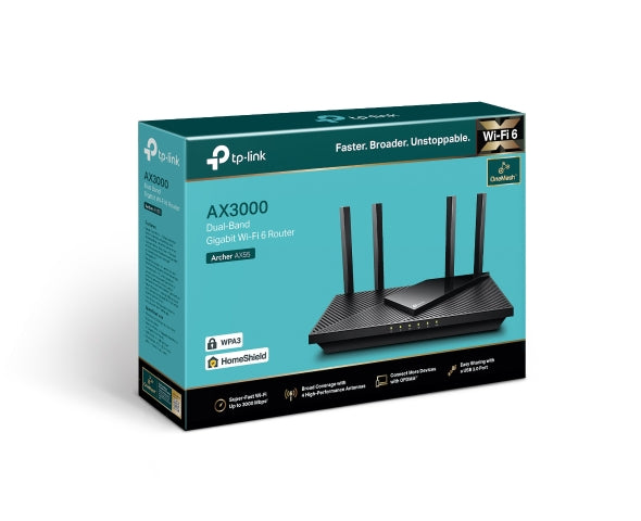 Tp Link Archer Ax55 Ax3000 Dual Band Gigabit Wi Fi 6 Router, 2402 Mbps 5 G Hz, Ofdma, One Mesh, 4x High Gain Antenna, Improved Battery, Alexa Compatible