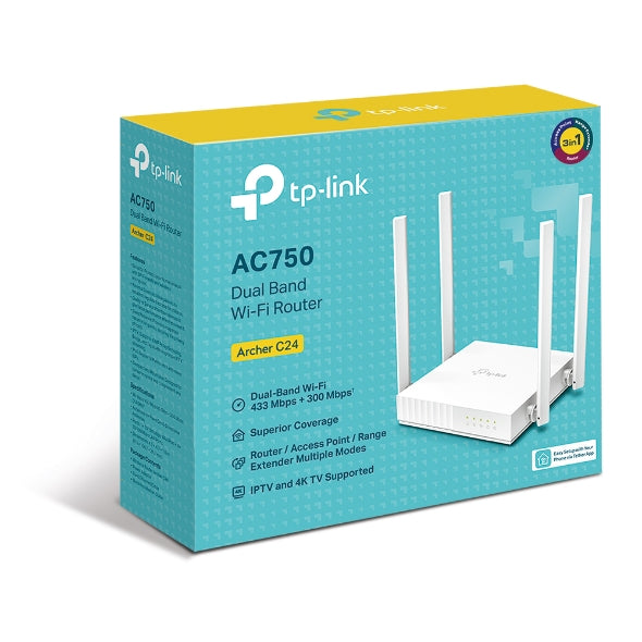 Tp Link Archer C24 Ac750 Dual Band Wi Fi Router 2.4 G Hz 300 Mbps 5 G Hz 433 Mbps 4x Lan 1x Wan 4x Antennas, Wps, Router Access Point And Range Extender Modes