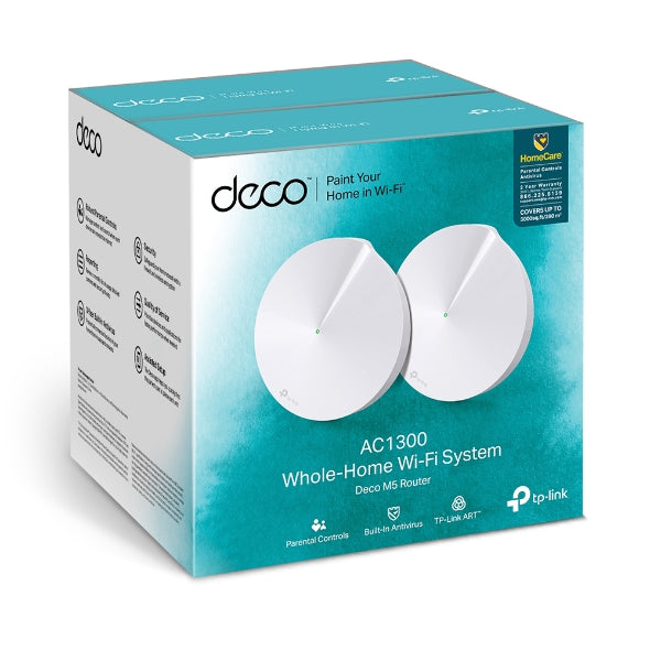 Tp Link Deco M5 (2 Pack) Whole Home Mesh Wi Fi 1300 Mbps System, Built In Antivirus, Quality Of Service, Covers 350sqm 2x Gbit Port Usb C, Bt, Homecare