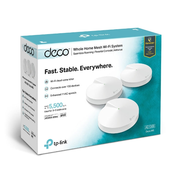 Tp Link Deco M5 (3 Pack) Whole Home Mesh Wi Fi 1300 Mbps System, Built In Antivirus, Quality Of Service, Covers 510sqm 2x Gbit Port Usb C, Bt, Homecare