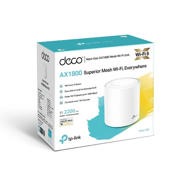 Tp Link Deco X20 (1 Pack)ax1800 Whole Home Mesh Wi Fi 6 System, Up To 200 Sqm Coverage, Wifi6, 1201 Mbps @ 5 Ghz, 574 Mbps @ 2.4 G Hz Ofdma, Mu Mimo (Wifi