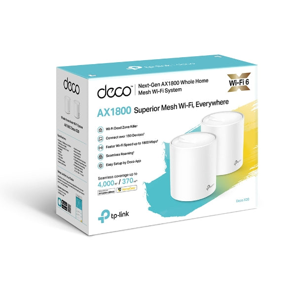 Tp Link Deco X20(2 Pack) Ax1800 Whole Home Mesh Wi Fi 6 System, Up To 370 Sqm Coverage, Wifi6, 1201 Mbps @ 5 Ghz, 574 Mbps @ 2.4 G Hz Ofdma, Mu Mimo (Wifi