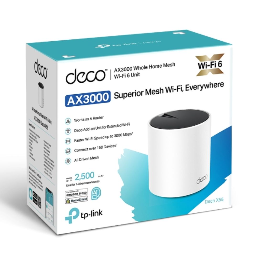 Tp Link Deco X55(1 Pack) Ax3000 Whole Home Mesh Wi Fi 6 Router, Dual Band With Smart Antennas, Mu Mimo, Home Shield Security