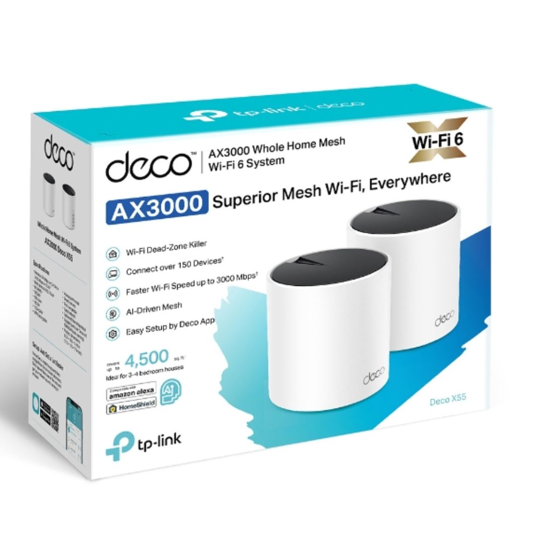 Tp Link Deco X55(2 Pack) Ax3000 Whole Home Mesh Wi Fi 6 Router, Dual Band With Smart Antennas, Mu Mimo, Home Shield Security