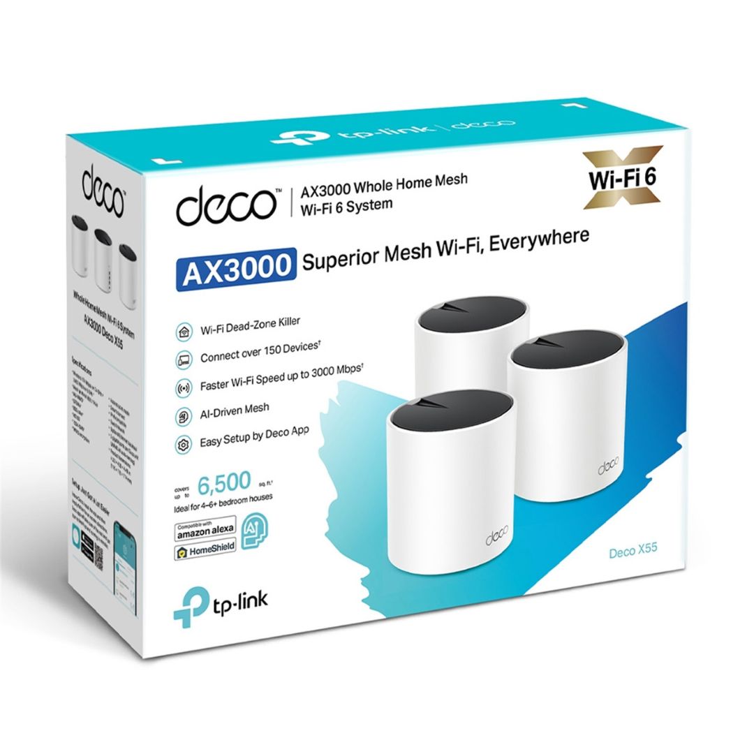 Tp Link Deco X55(3 Pack) Ax3000 Whole Home Mesh Wi Fi 6 Router, Dual Band With Smart Antennas, Mu Mimo, Home Shield Security