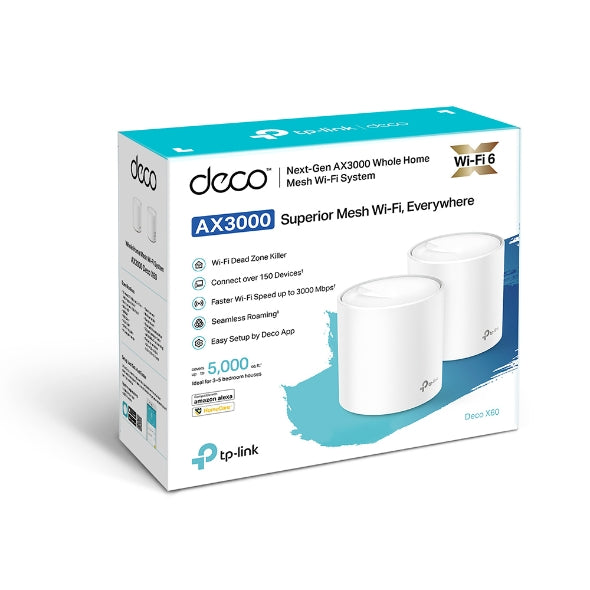 Tp Link Deco X60 (2 Pack) Ax5400 Whole Home Mesh Wi Fi 6 System (Wifi6), Up To 460sqm Coverage, Wpa3, Tp Link Homecare, Ofdma, Mu Mimo (3.20v)