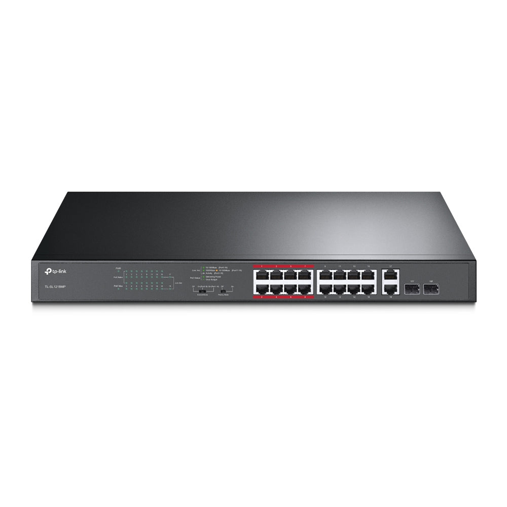 Tp Link Tl Sl1218 Mp 16 Port 10/100 Mbps Po E+ Switch, 16 10/100 Mbps Rj45 Ports, 2 Gigabit Rj45 Ports, 2 Combo Sfp Slots, 802.3at/Af, 192 W Po E Power, 1 U