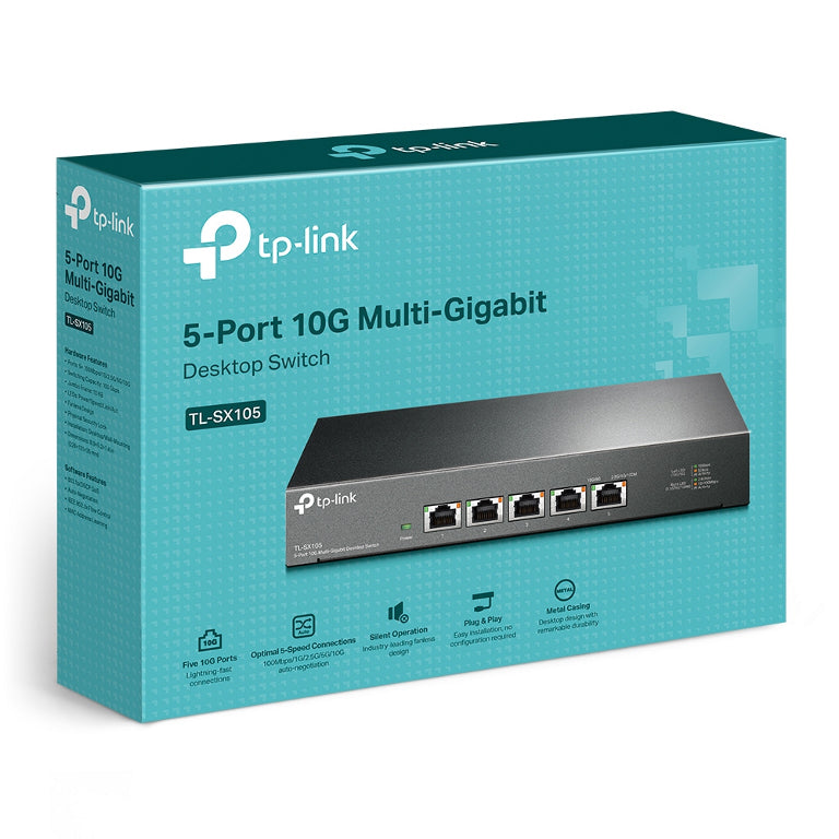 Tp Link Tl Sx105 5 Port 10 G Desktop Switch, Up To 100 Gbps Switching Capacity, Auto Negotiation, Silent Operation, Metal Casing