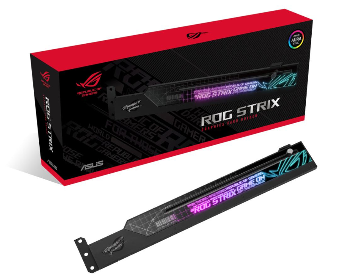 Asus Rog Strix Graphics Card Holder, Eliminates Gpu Sag, Easy Installation, Aura Sync Compatible, Laser Etched Rog Logo