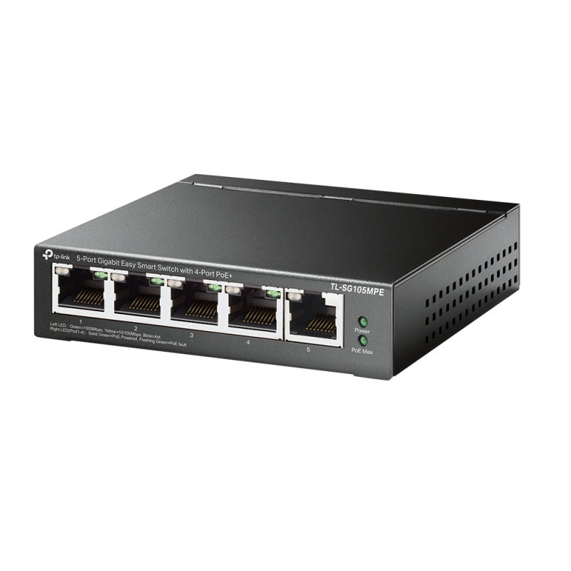 A TP-Link Easy Smart Switch, model TL-SG105MPE, with five RJ45 ports, in black color.