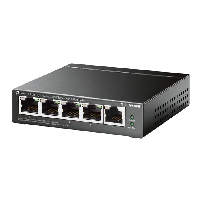 A TP-Link Easy Smart Switch, model TL-SG105MPE, with five RJ45 ports, in black color.