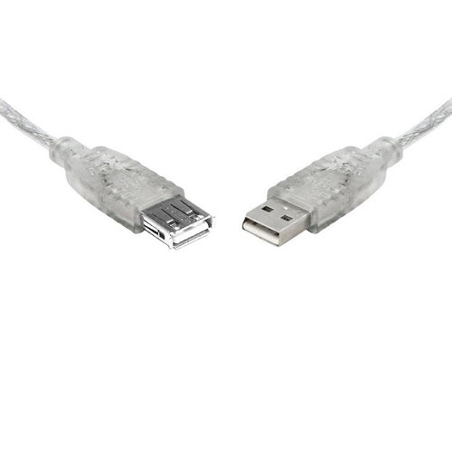 A transparent USB 2.0 extension cable with a Type A male connector on one end and a Type A female connector on the other end, both connectors are visible against a white background.