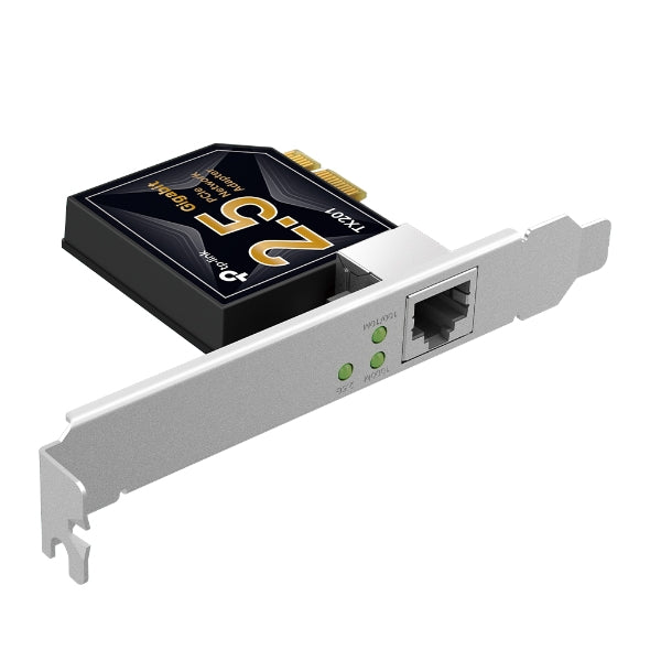 TP-Link TX201 2.5 Gigabit PCIe Network Adapter with one PCIe3.0 slot and one RJ45 port, displayed on a white background.