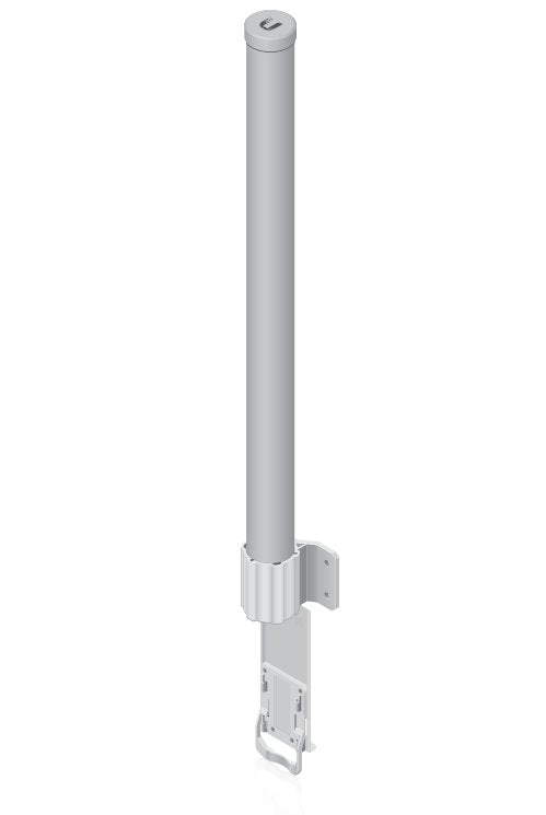 A 5GHz 13dBi 2x2 Dual Polarity MIMO Omni Antenna, colored in gray, with a vertical orientation and a mounting bracket.