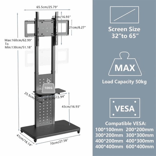 32"-65" Floor TV Stand Wheeled TV Mount Bracket Rotate for Vertically Horizontally Support