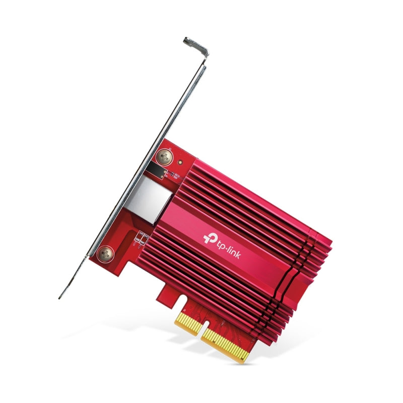 TP-LINK TX401 10 Gigabit PCI Express Network Adapter card in red color with a metallic body and a white connector.