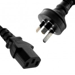 Close-up of a black power cable with one end having a male pin connector and the other end a female socket.