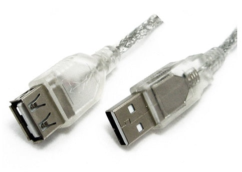 A transparent USB 2.0 A-Male to A-Female extension cable, 25cm in length.
