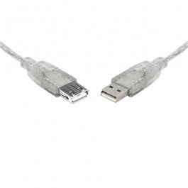 A transparent USB 2.0 extension cable with a Type A male connector on one end and a Type A male connector on the other end.