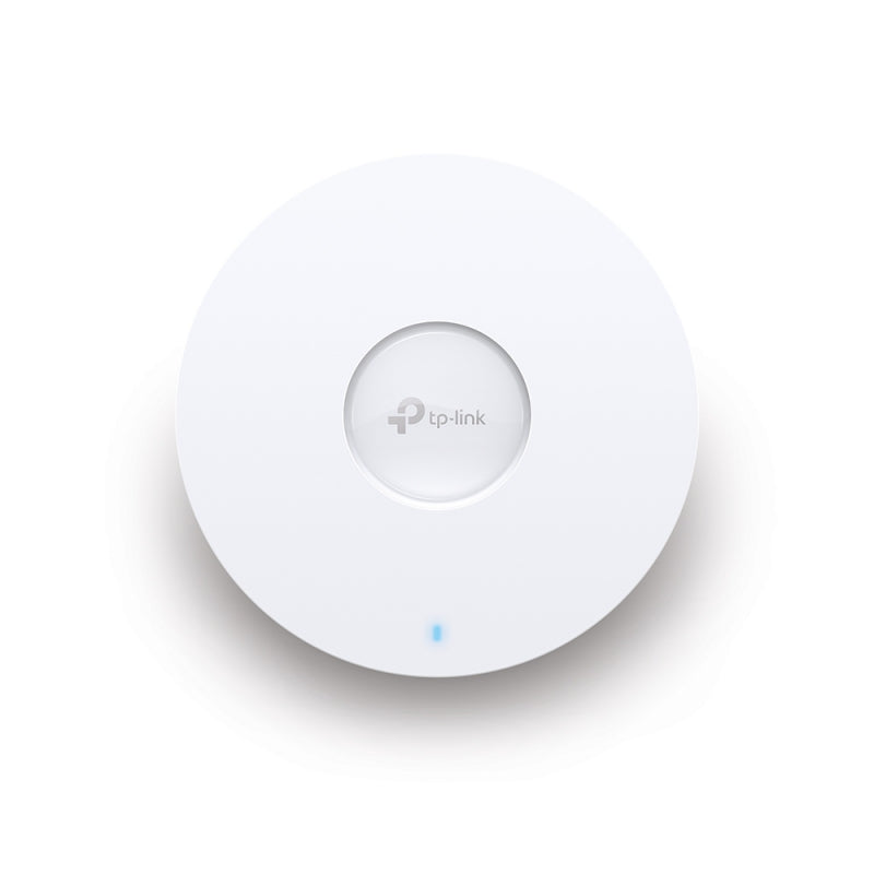 TP-Link EAP610 wireless dual band ceiling mount access point in white color with a TP-Link logo and a blue indicator light visible.