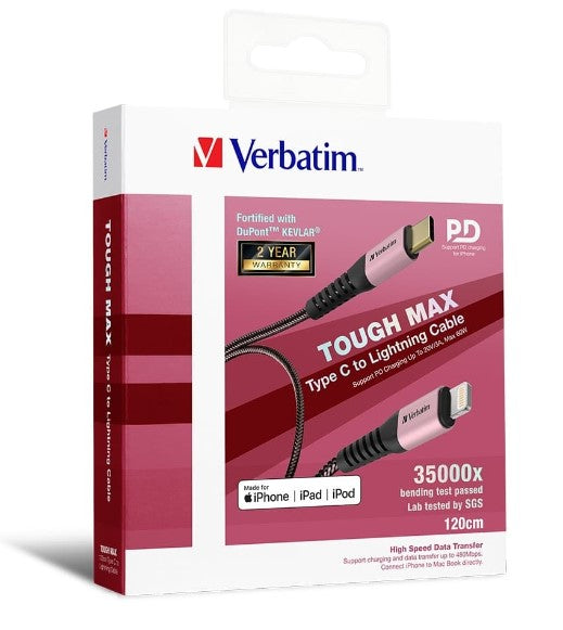 Verbatim Tough Max USB-C to Lightning Kevlar Cable 120cm — Rose Gold