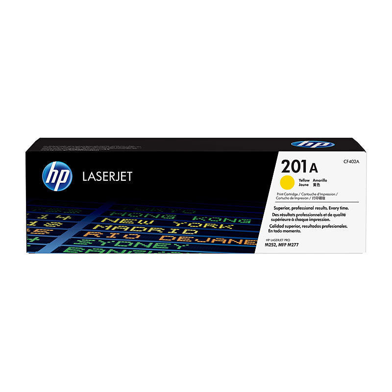 HP 201A CF402A — yellow toner retail box, front view