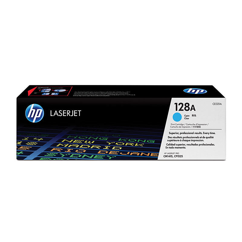 HP 128A CE321A — cyan toner retail box, front view
