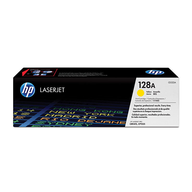 HP 128A CE322A — yellow toner retail box, front view