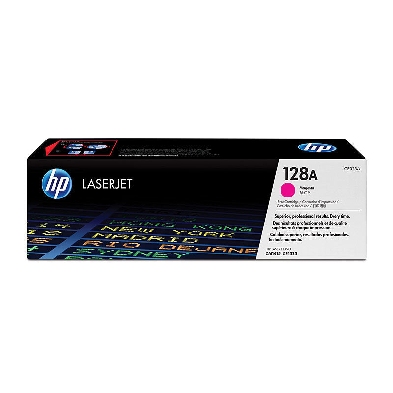 HP 128A CE323A — magenta toner retail box, front view