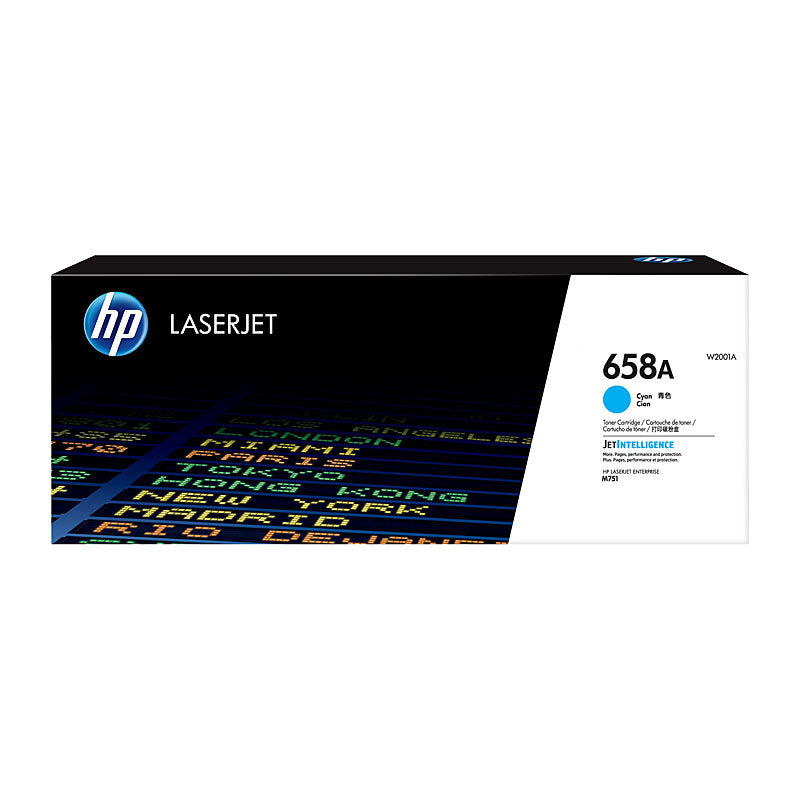 HP 658A W2001A — cyan toner retail box, front view