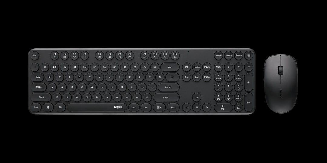 Rapoo Wireless Stylish, Spill Resistant, Retro Style Round Key, 1000 Dpi, 2.4 G Connection, 10 M Range, Nano Receiver, Optical Mouse & Keyboard Black