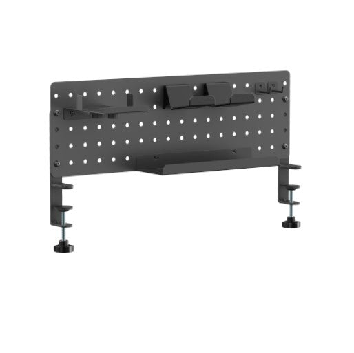 Black pegboard with multiple hooks on a white background