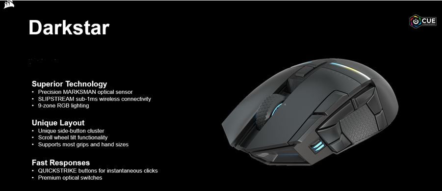Corsair Darkstar Wireless Mmo/Moba Icue, 15 Programmable Buttons, Sub 1ms Slipstream Up To 80hrs With Bt. Ultimate Gaming Mouse.