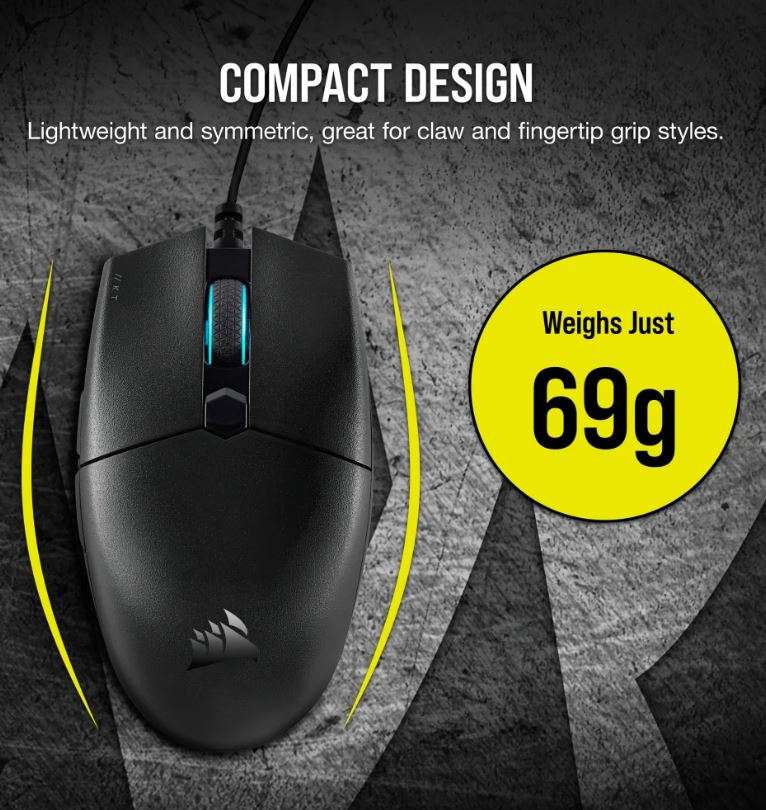 Corsair Katar Pro, Ultra Light Weight 69g, Wheel Rgb, Icue Software, Quik Strike Buttons,12k Dpi, Compact Symetric Shape, Gaming Mice