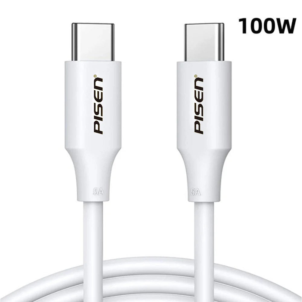 White charging cable with USB-C connectors and 'Pisen' branding on a white background.