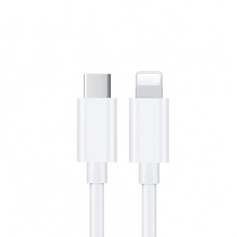 White charging cable with USB-C and Lightning connectors on a white background