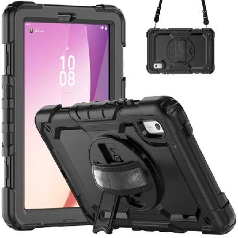 USP Rugged Lenovo Tab M9 Case + Screen Protector — Black with Kickstand and Hand Strap